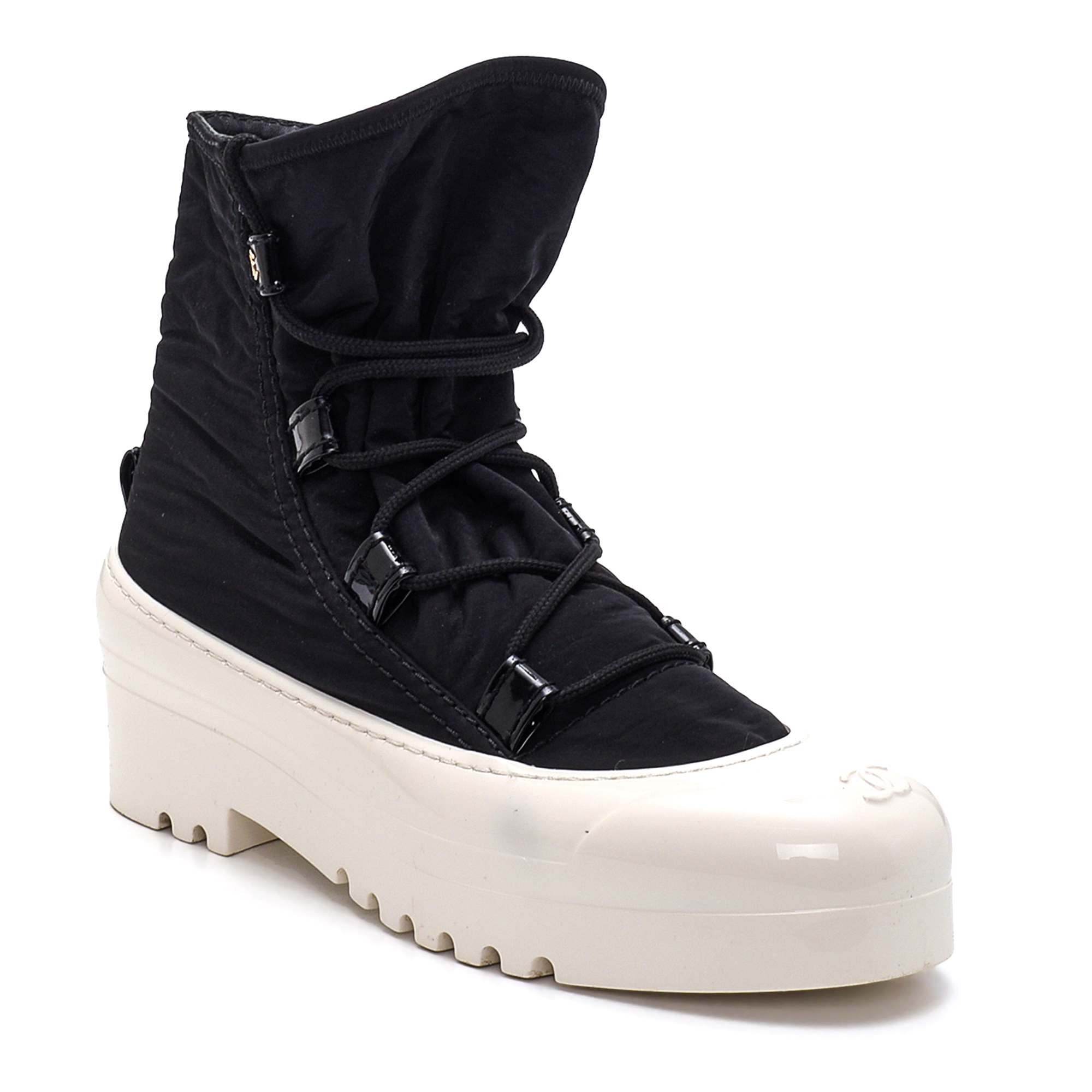 Chanel - Black Nylon and White Rubber Sole CC Ankle Boots